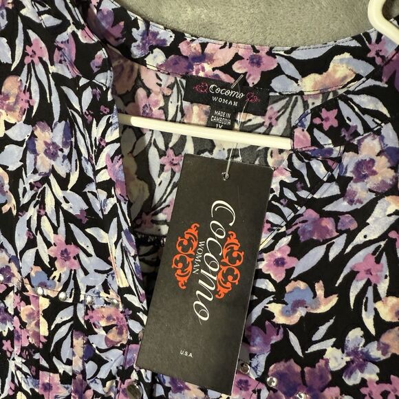 NWT Cocomo Woman Top 1X Roll Tab Sleeves Purple Floral Popover Wrinkle Free Plus - Picture 2 of 10